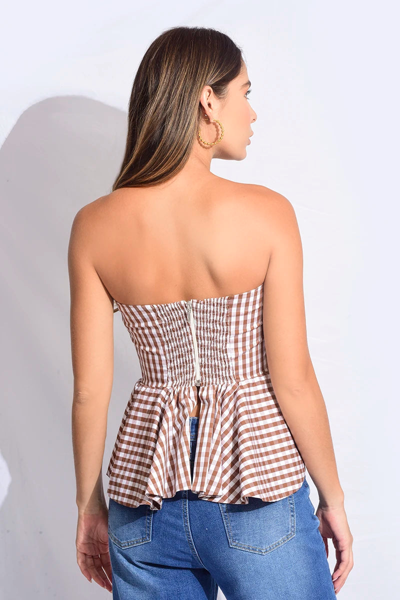 Blusa strapless a cuadros