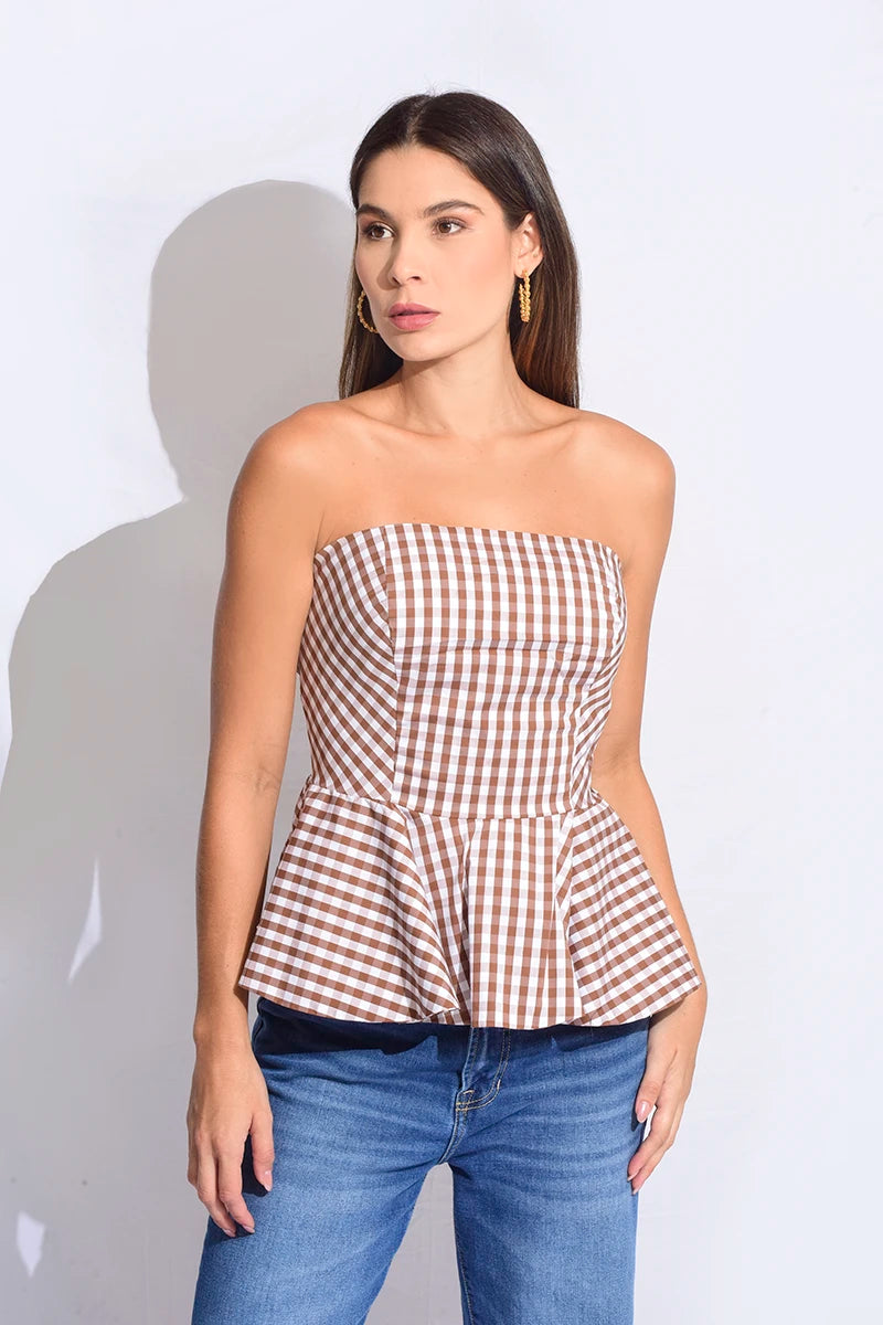 Blusa strapless a cuadros
