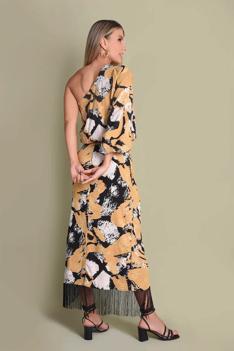 Falda midi estampada flecos