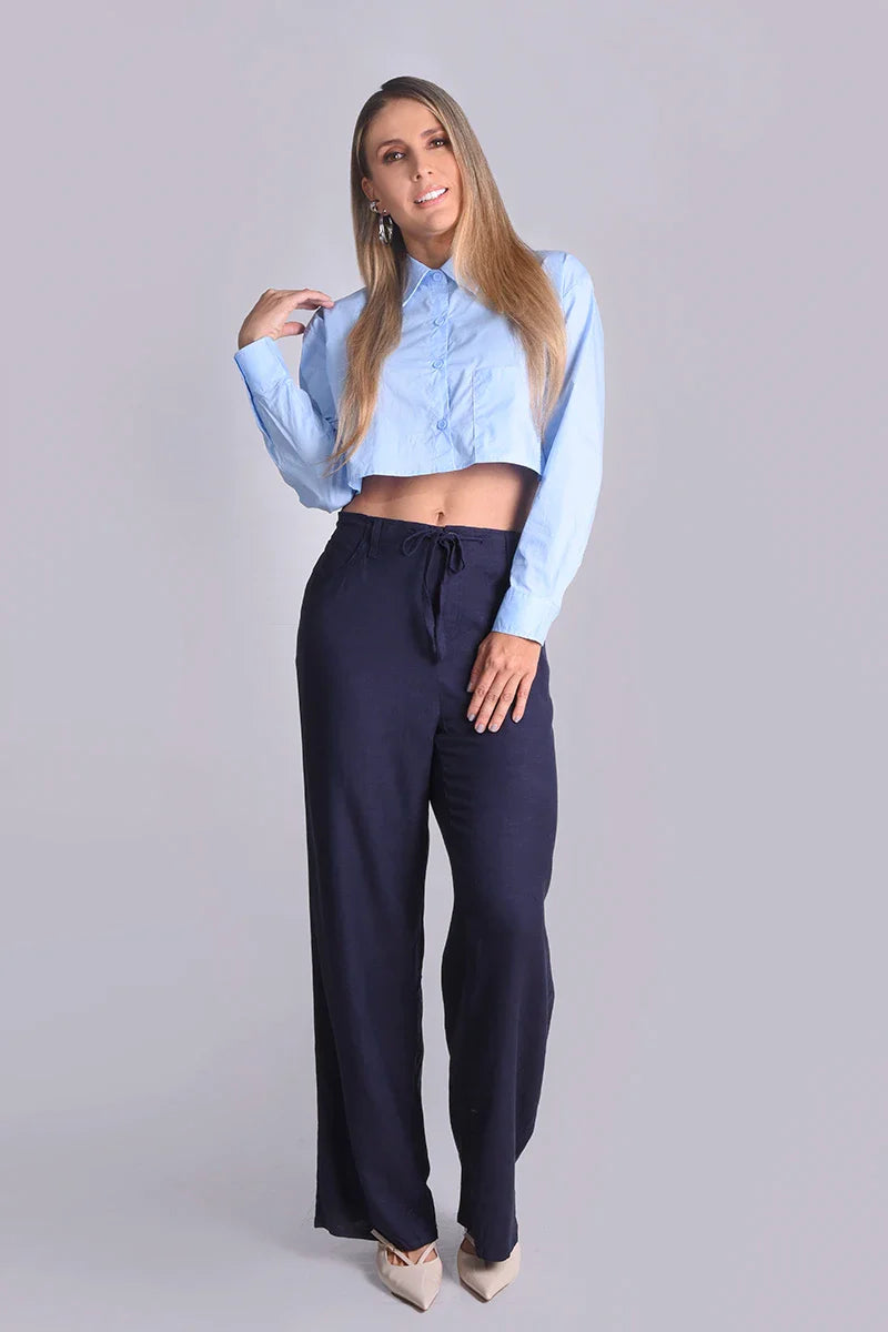 Pantalón con cintura resotada en lino