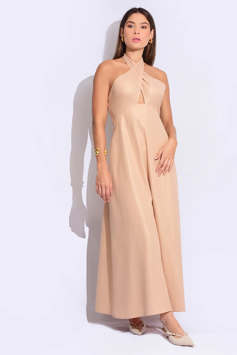 Vestido largo dorado halter