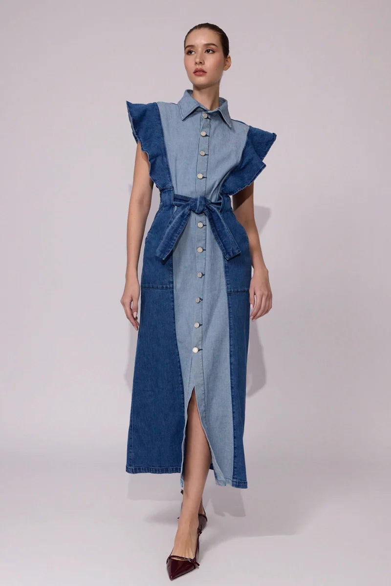 Vestido largo en denim dou tono